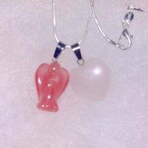 Boho Cherry Quartz Crystal Angel and Rose Quartz Sterling Silver Necklace 16”